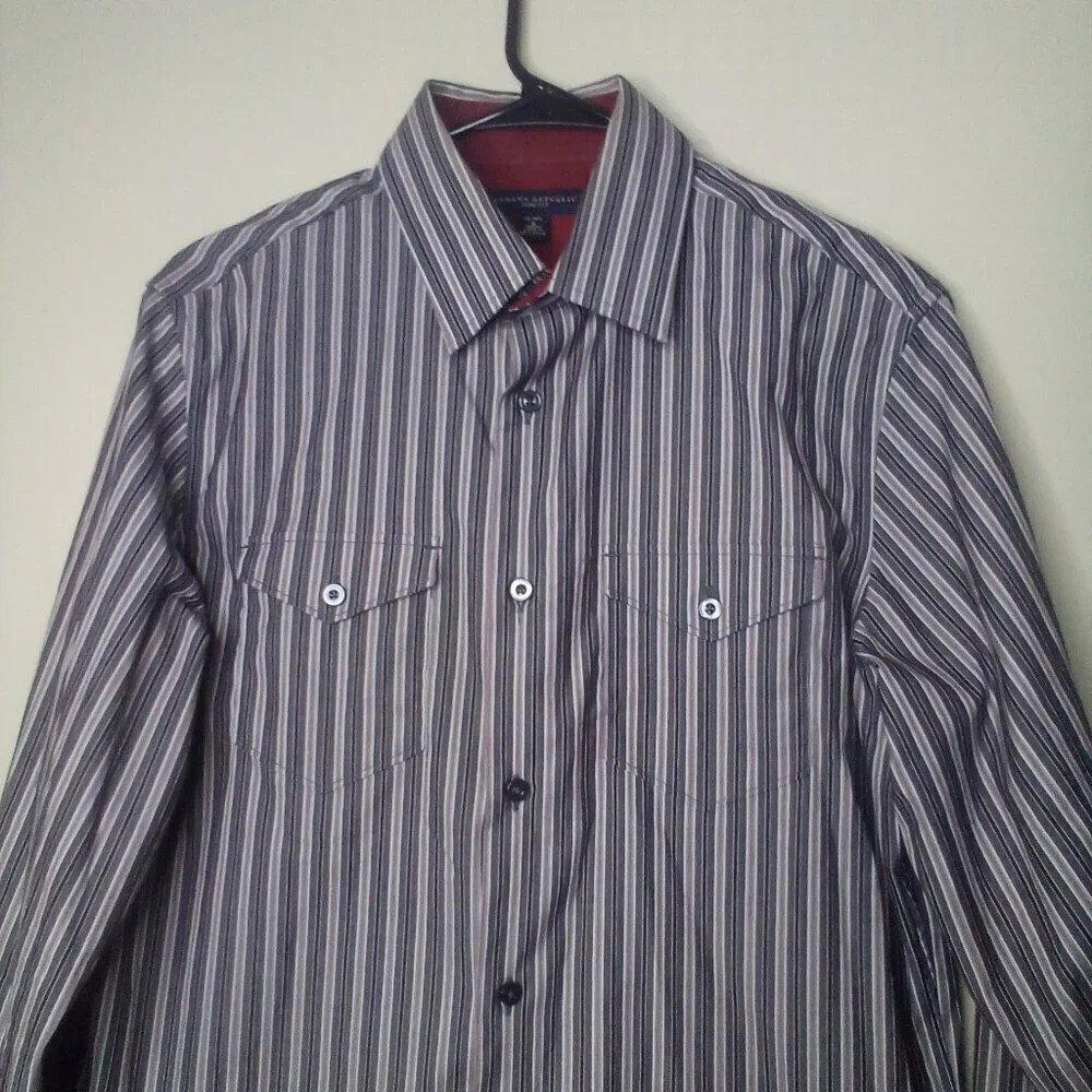Banana Republic Shirt Men S 14 14 1/2 Slim Fit Button Up Pockets Stripe Gray Red
